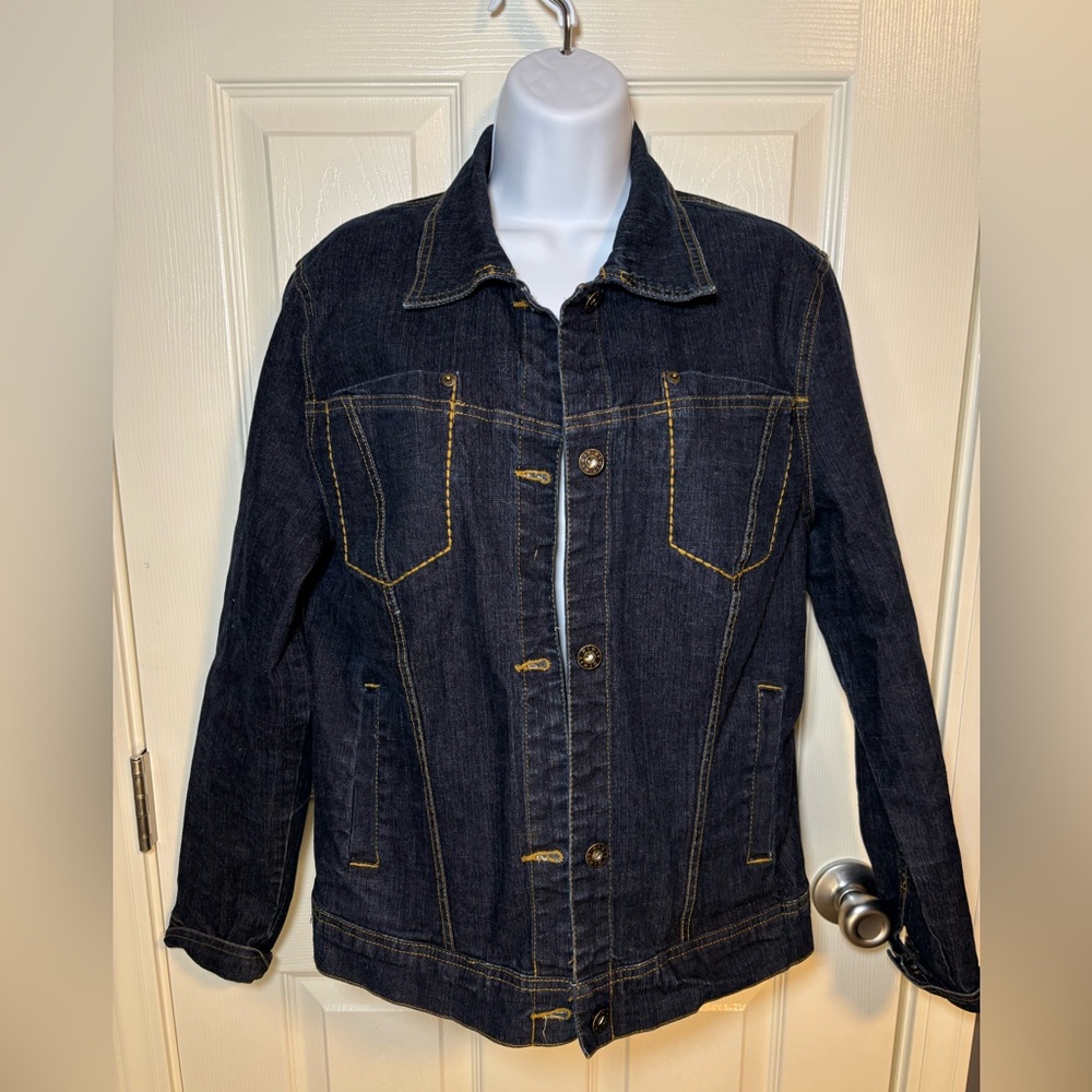 Kiki T navy denim jacket with gold stitching and buttons. Size L